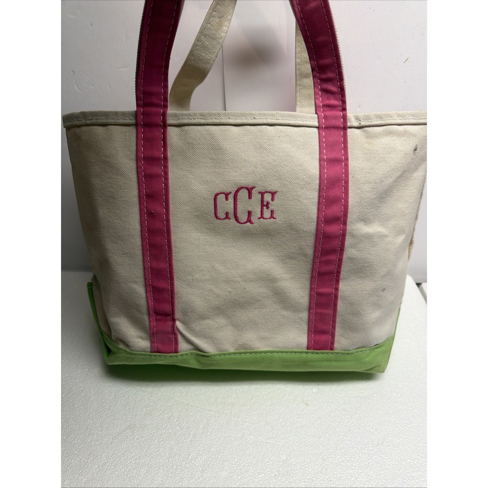 L.L. Bean Medium Canvas Boat And Tote Bag Pink & White & Green